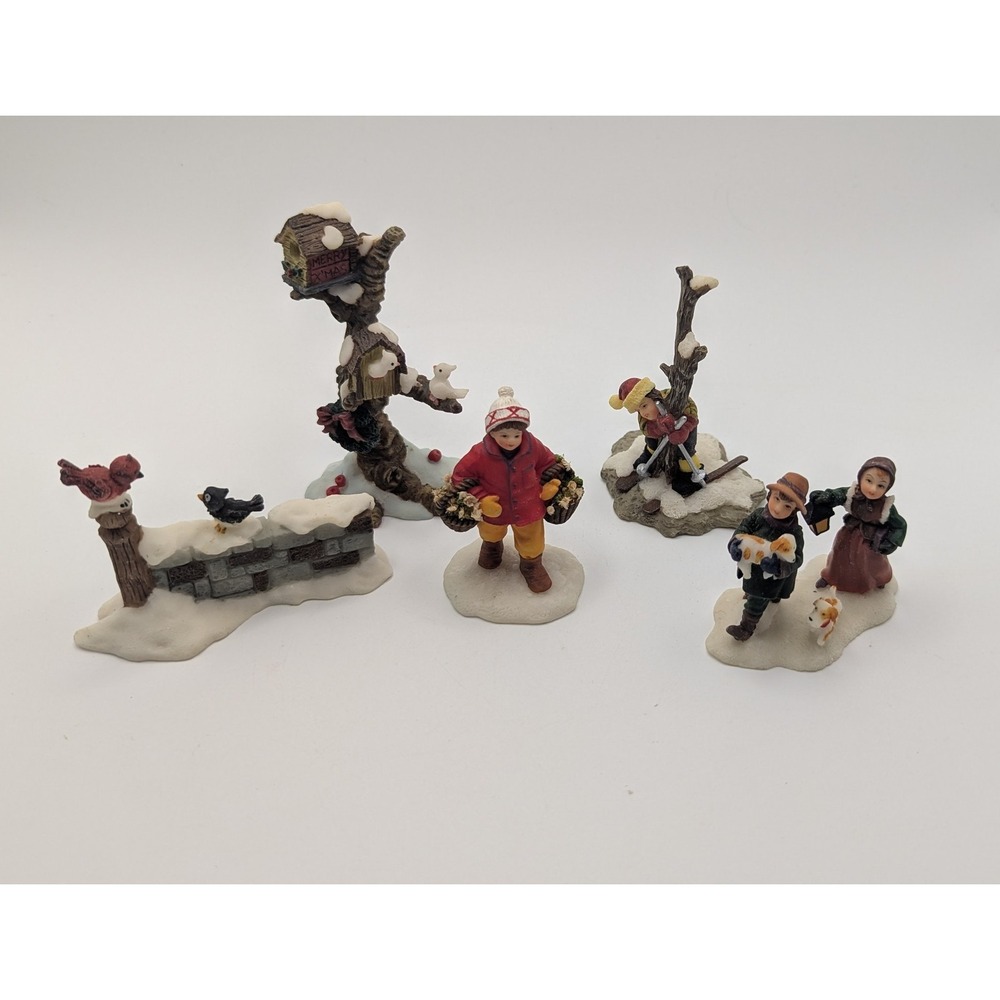 O'Well Christmas Village Figurines 5 Resin Set Winter People Birds Vtg Decor
